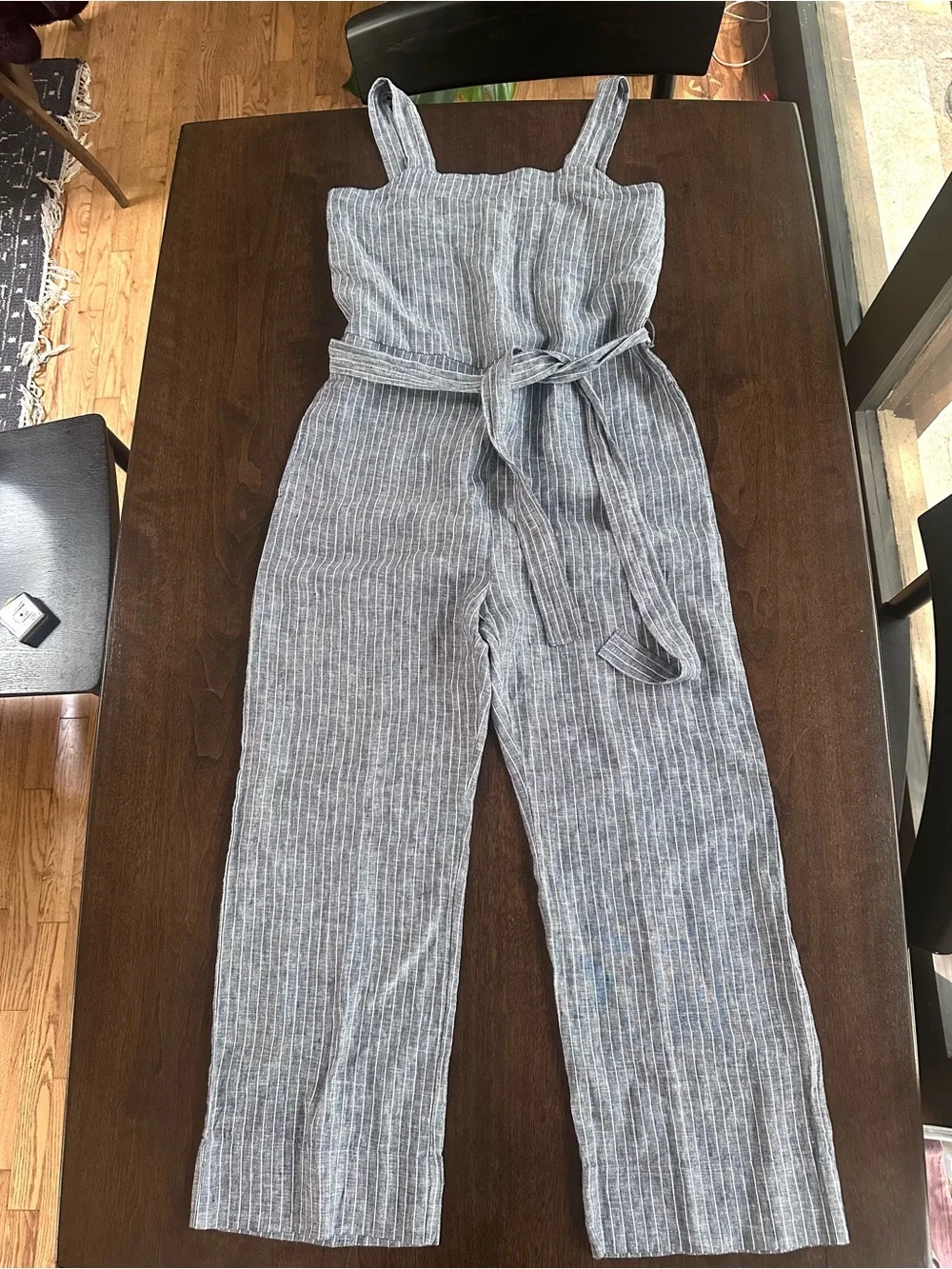 Quince Sleeveless Square Neck Blue European Linen Jumpsuit with Tie Waist S NWOT